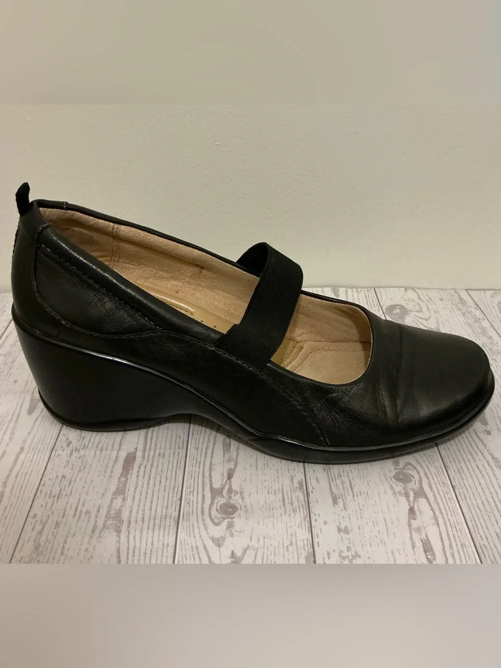 Women’s Black Leather Wedge Mary Jane Comfort Shoes